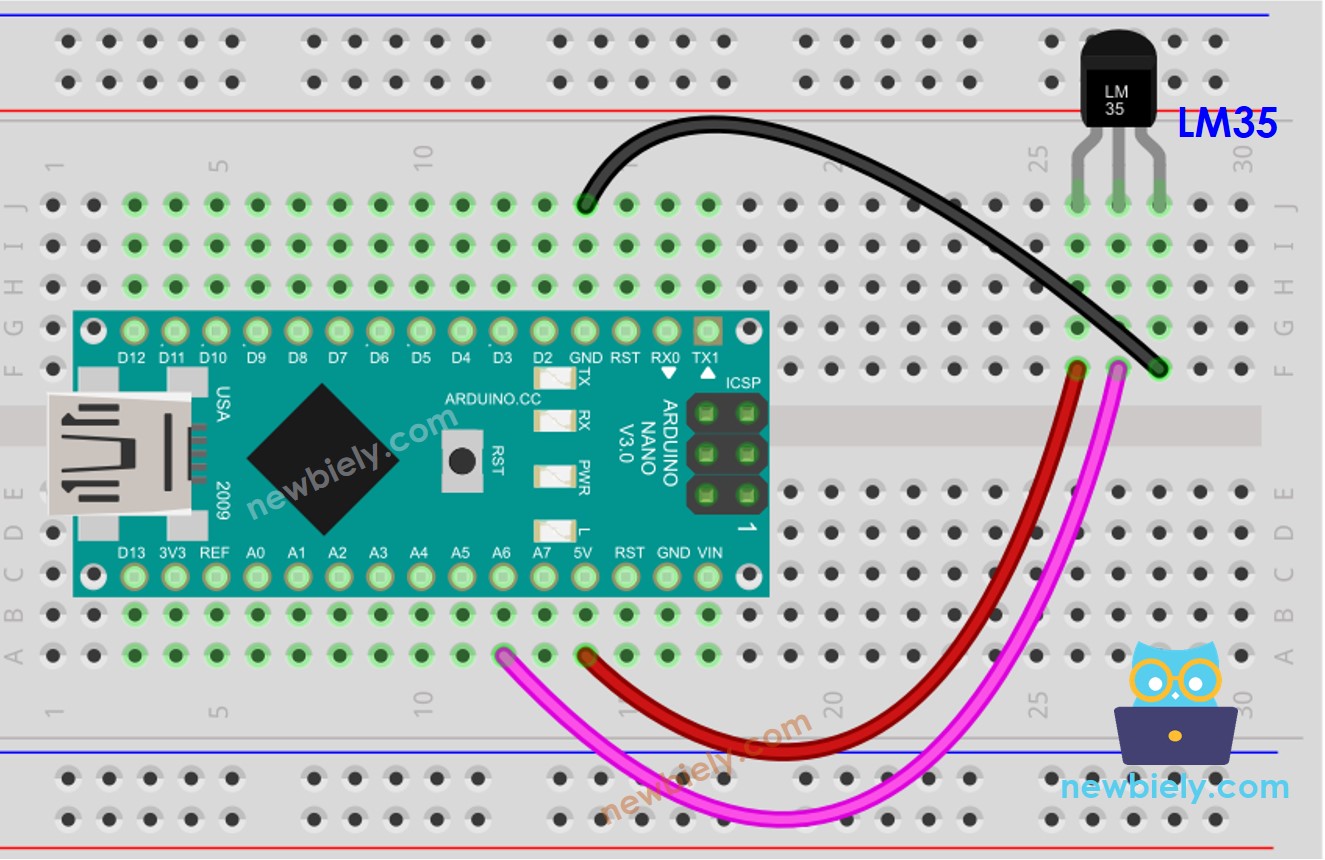 Diagrama de cableado del sensor de temperatura LM35 para Arduino Nano.