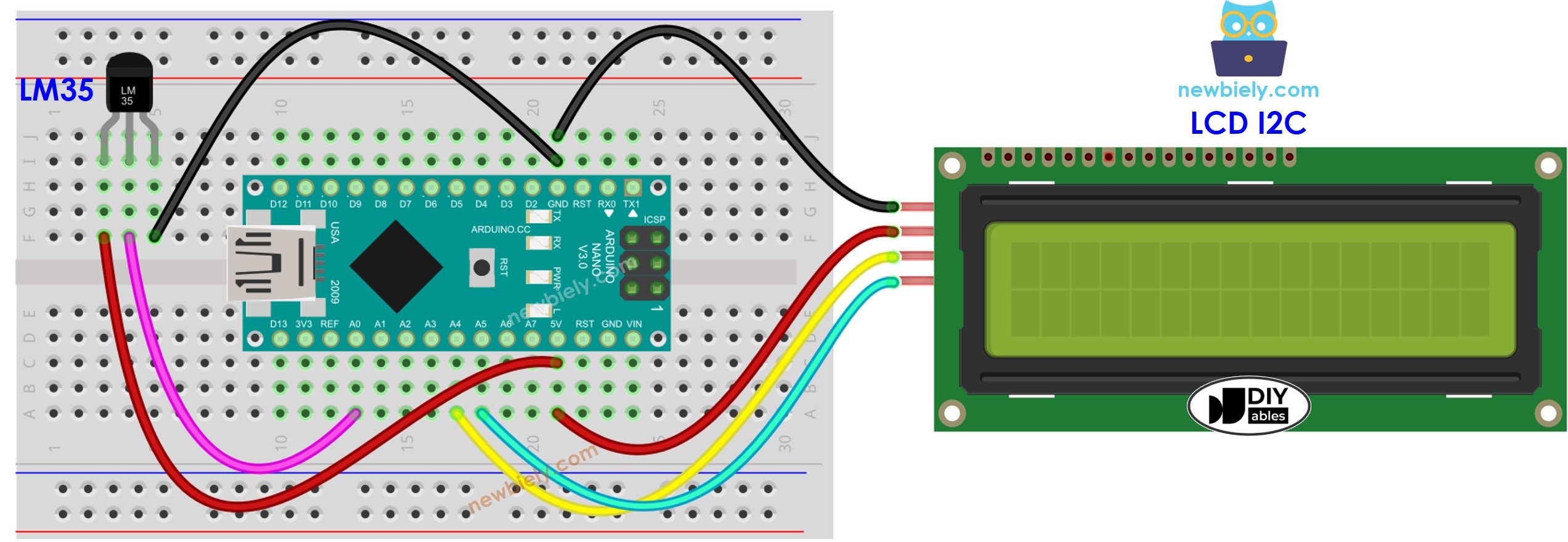 Diagrama de cableado de Arduino Nano con sensor de temperatura LM35 y LCD