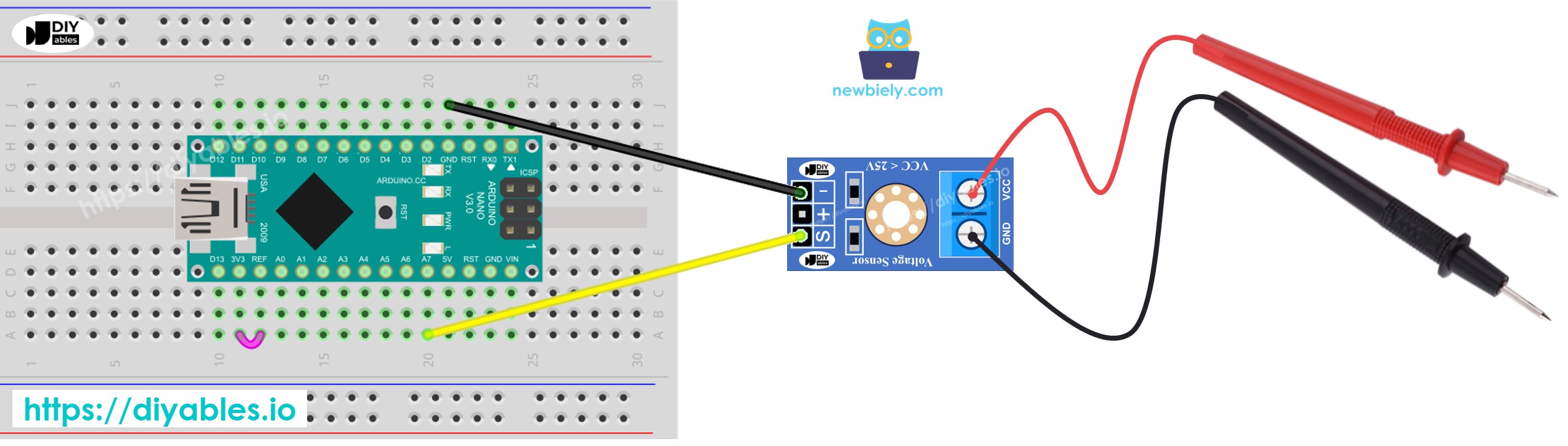 Arduino Nano mide voltaje. Diagrama de cableado.