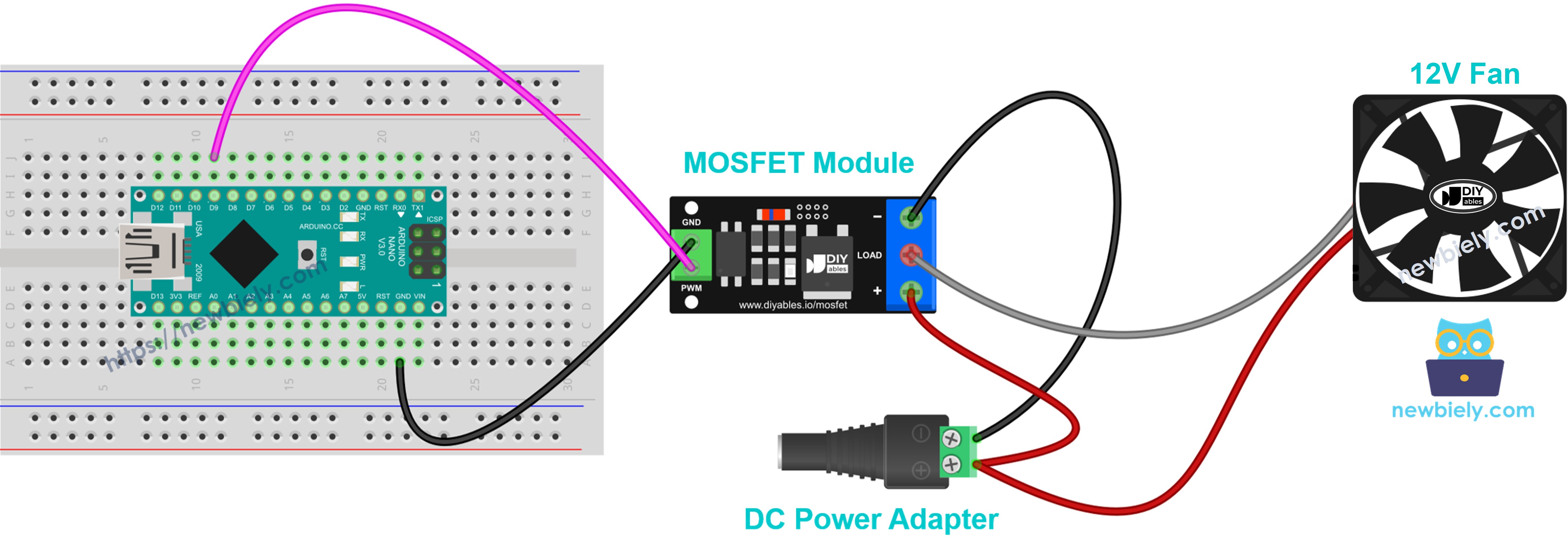 Diagrama de cableado de un ventilador de refrigeración de 12V y un módulo MOSFET