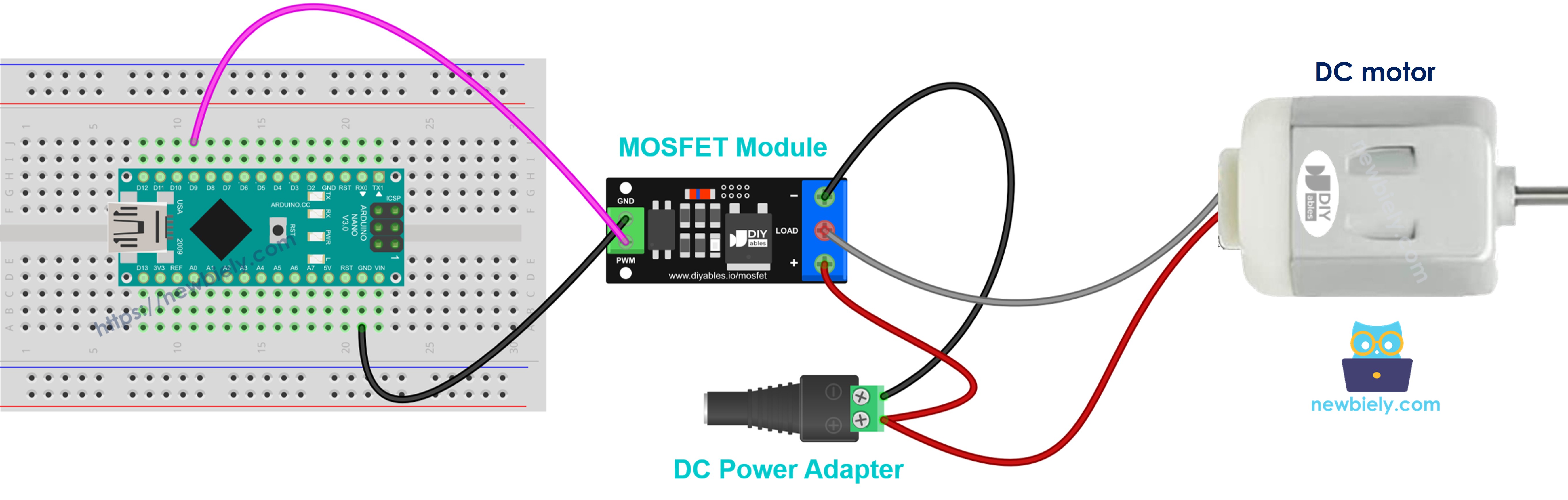Motor de CC de 12V conectado a un módulo MOSFET