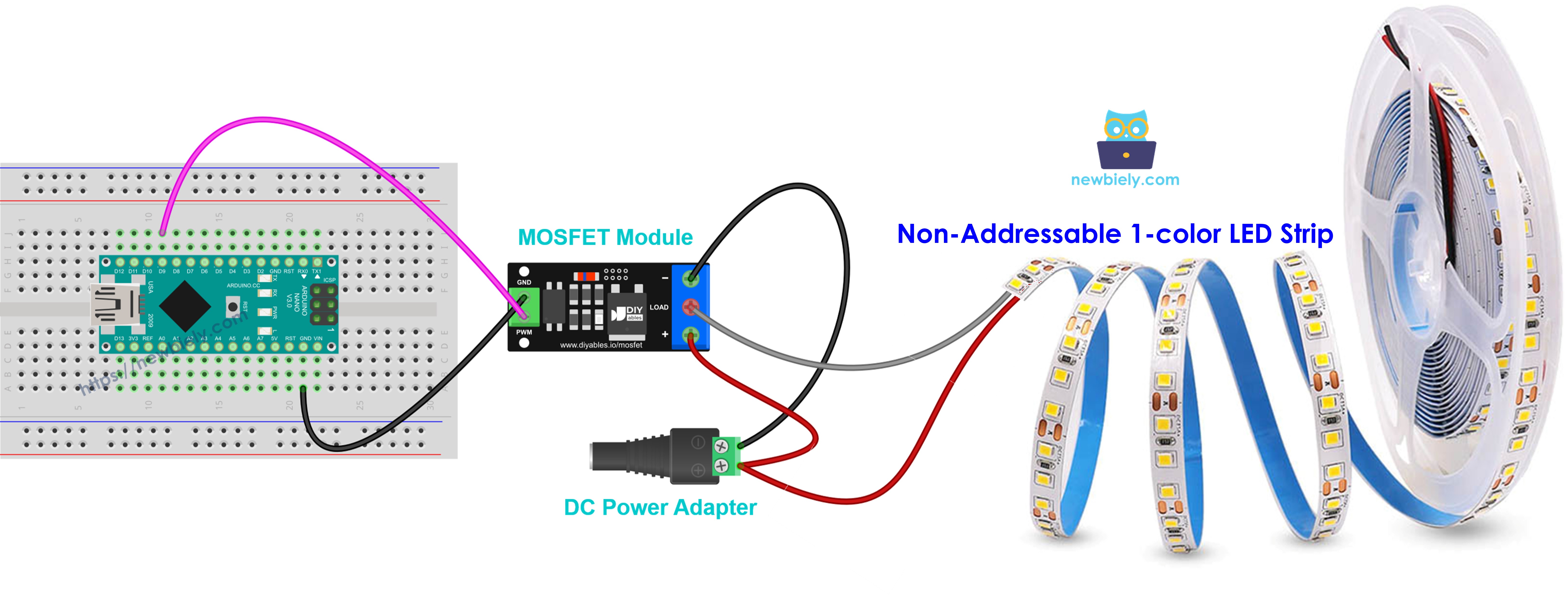 Diagrama de cableado del módulo MOSFET con una tira LED de 12V