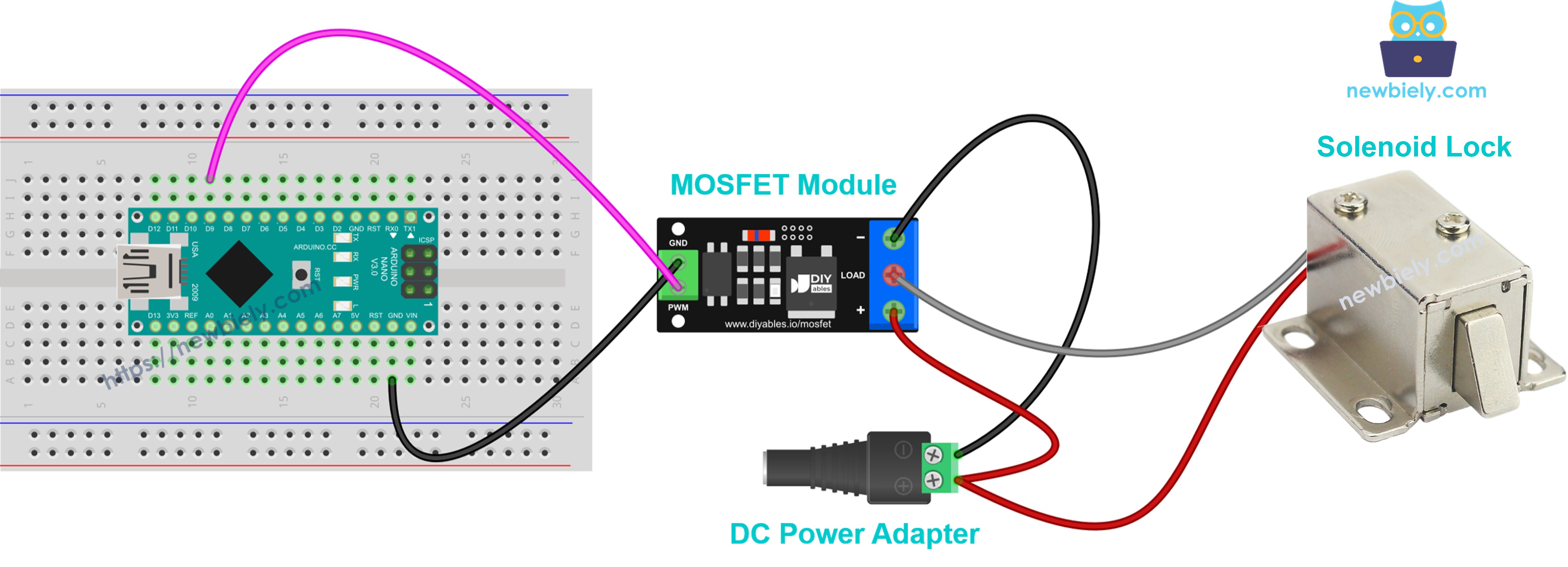 Diagrama de cableado de una cerradura de solenoide con el módulo MOSFET