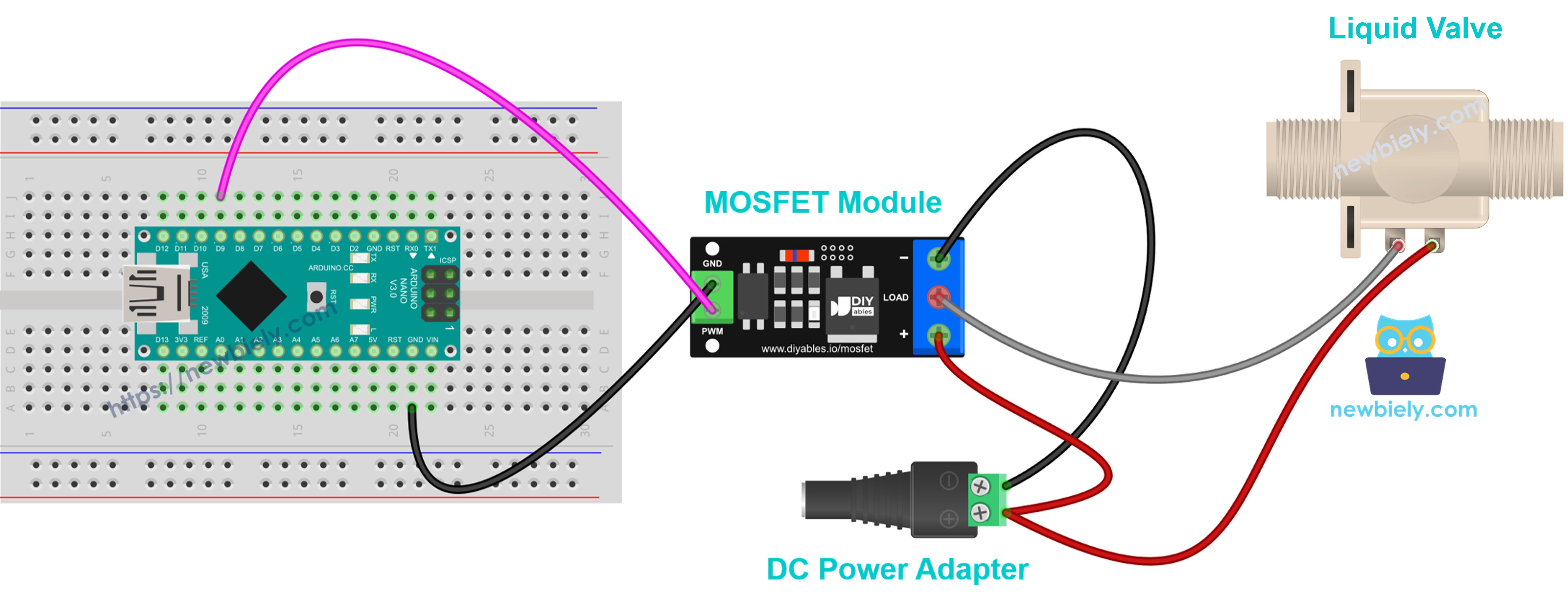 Cableado del módulo MOSFET para una válvula de solenoide de 12V normalmente cerrada