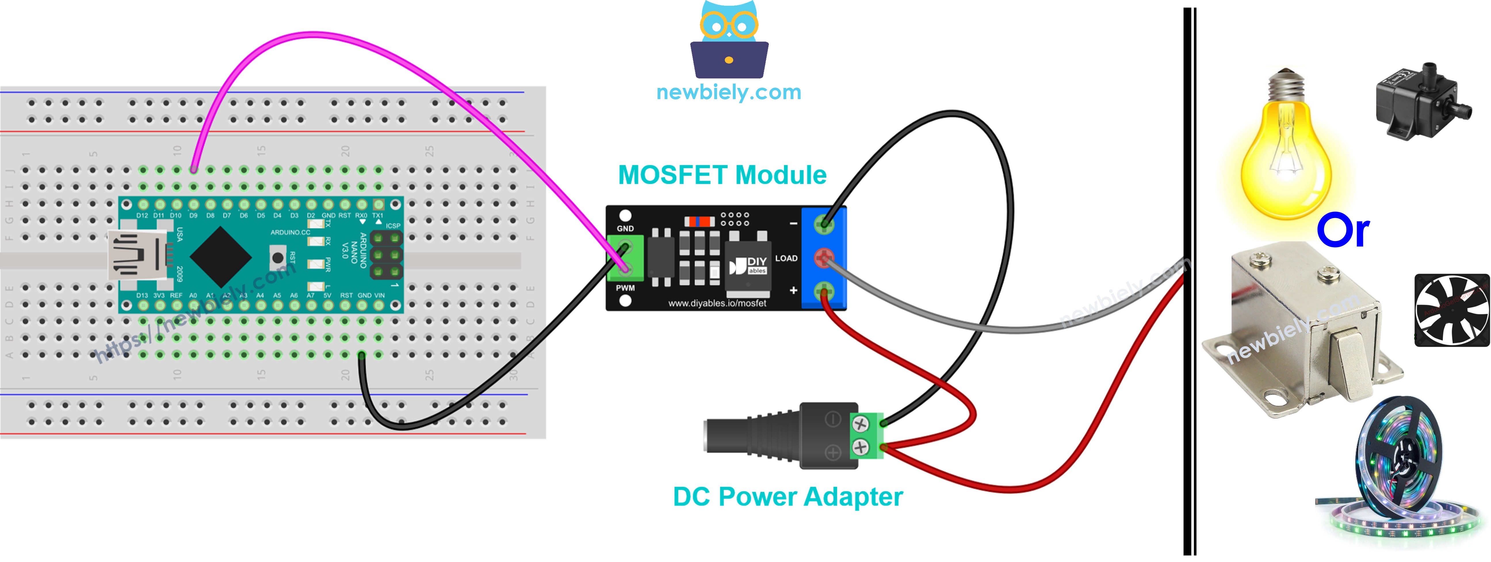 Diagrama de cableado de Arduino Nano con módulo MOSFET AOD4184, LR7843 o FR120N