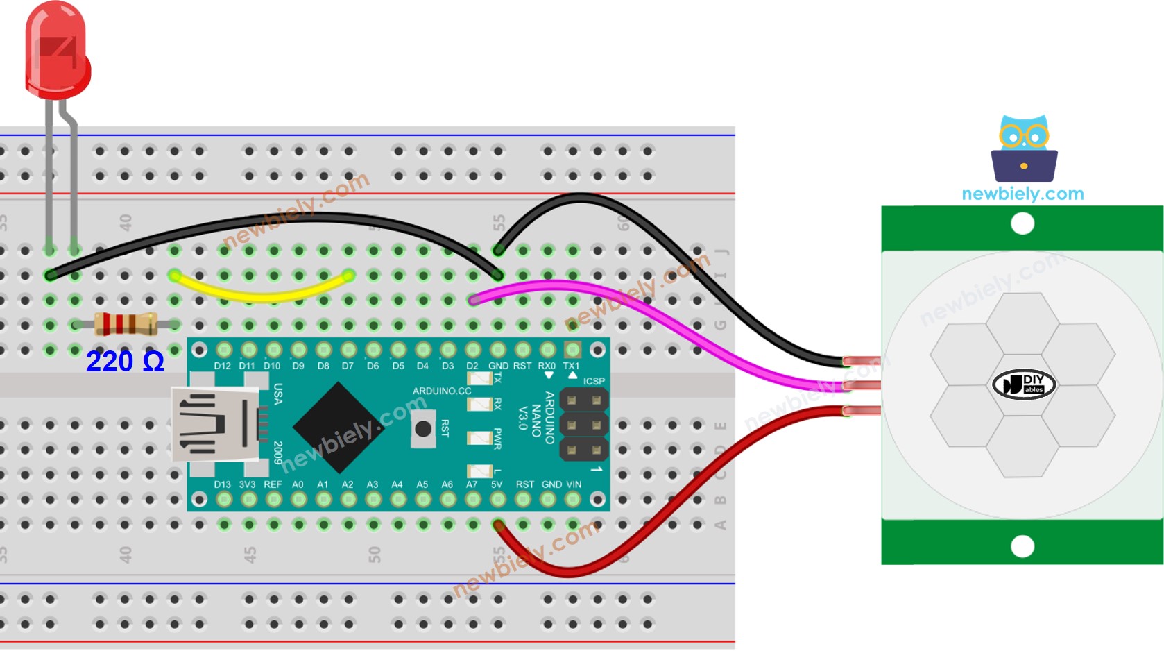 Diagrama de cableado del LED para sensor de movimiento con Arduino Nano