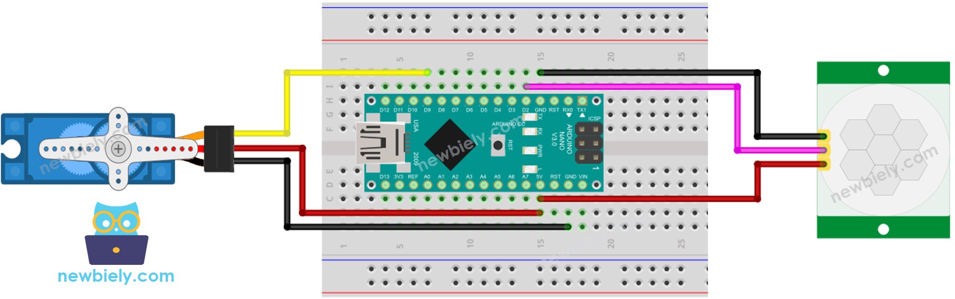 Diagrama de cableado de Arduino Nano: sensor de movimiento y motor servo