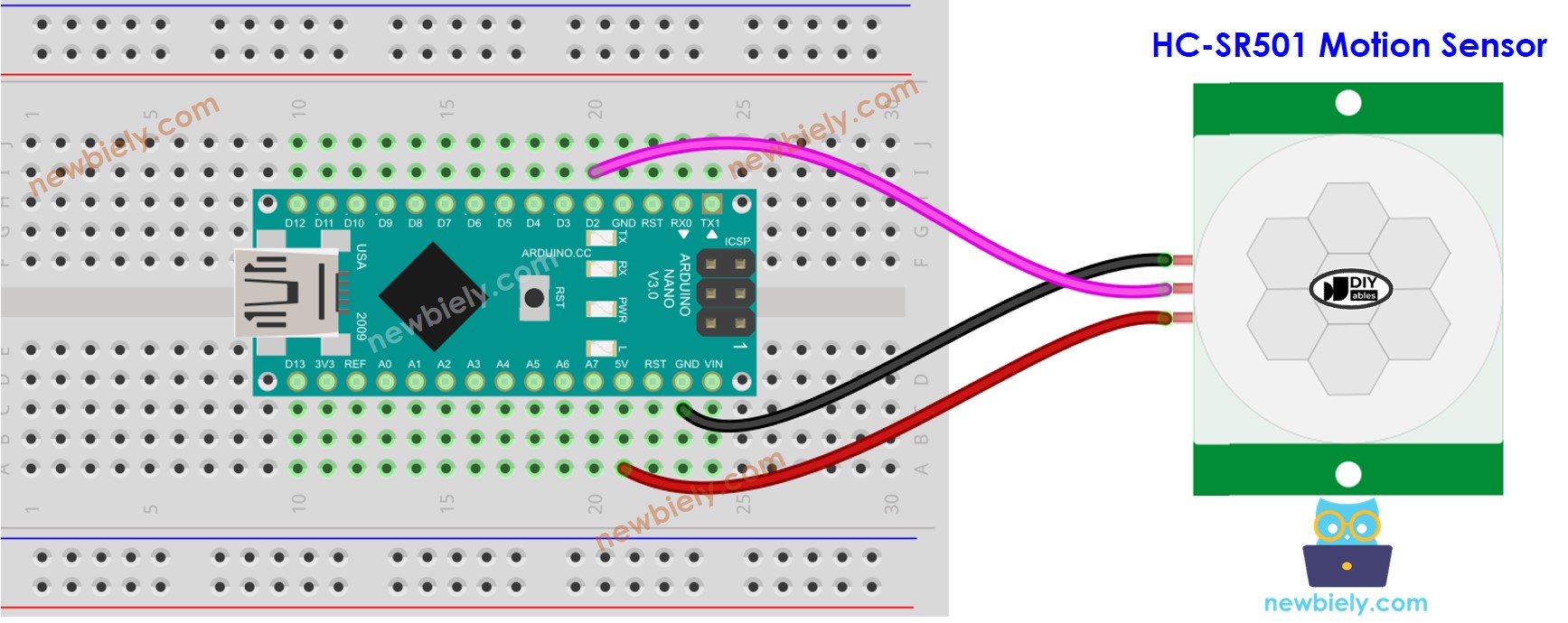 Diagrama de cableado del sensor de movimiento para Arduino Nano