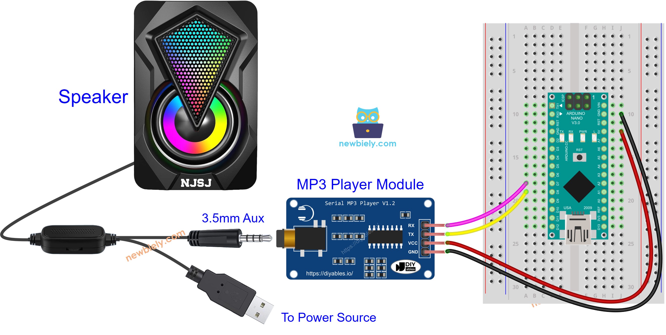 Diagrama de cableado del módulo reproductor MP3 para Arduino Nano
