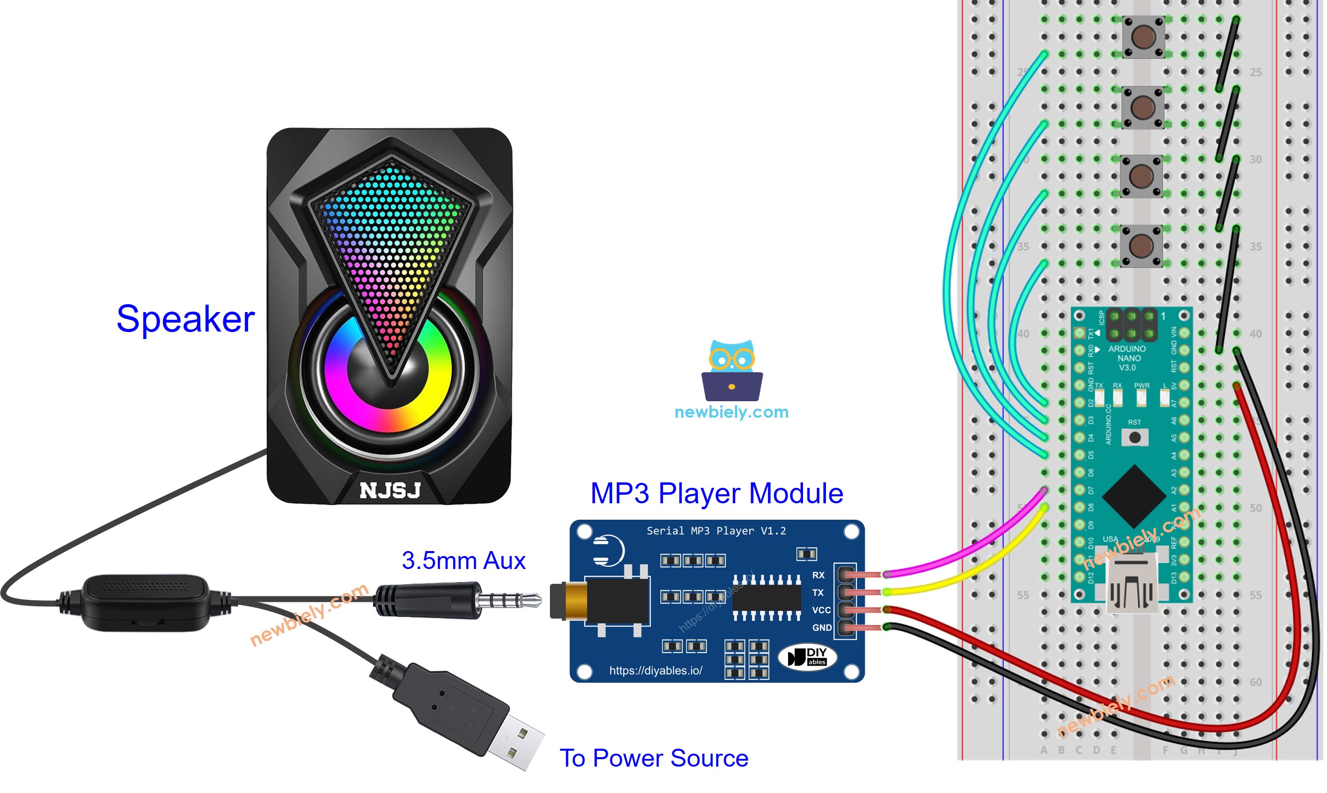 Diagrama de cableado para Arduino Nano, reproductor MP3 y altavoz