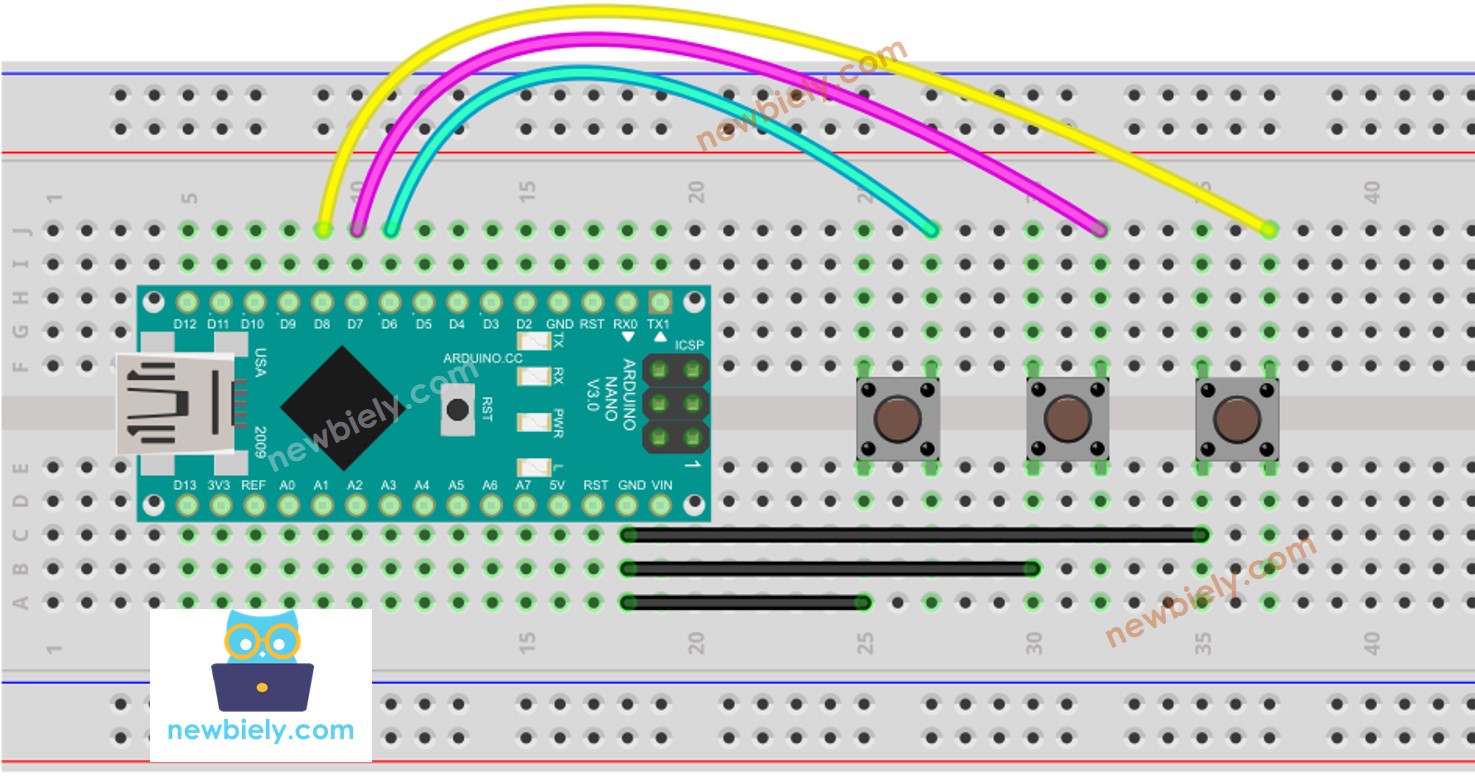 Diagrama de cableado de Arduino Nano con varios botones