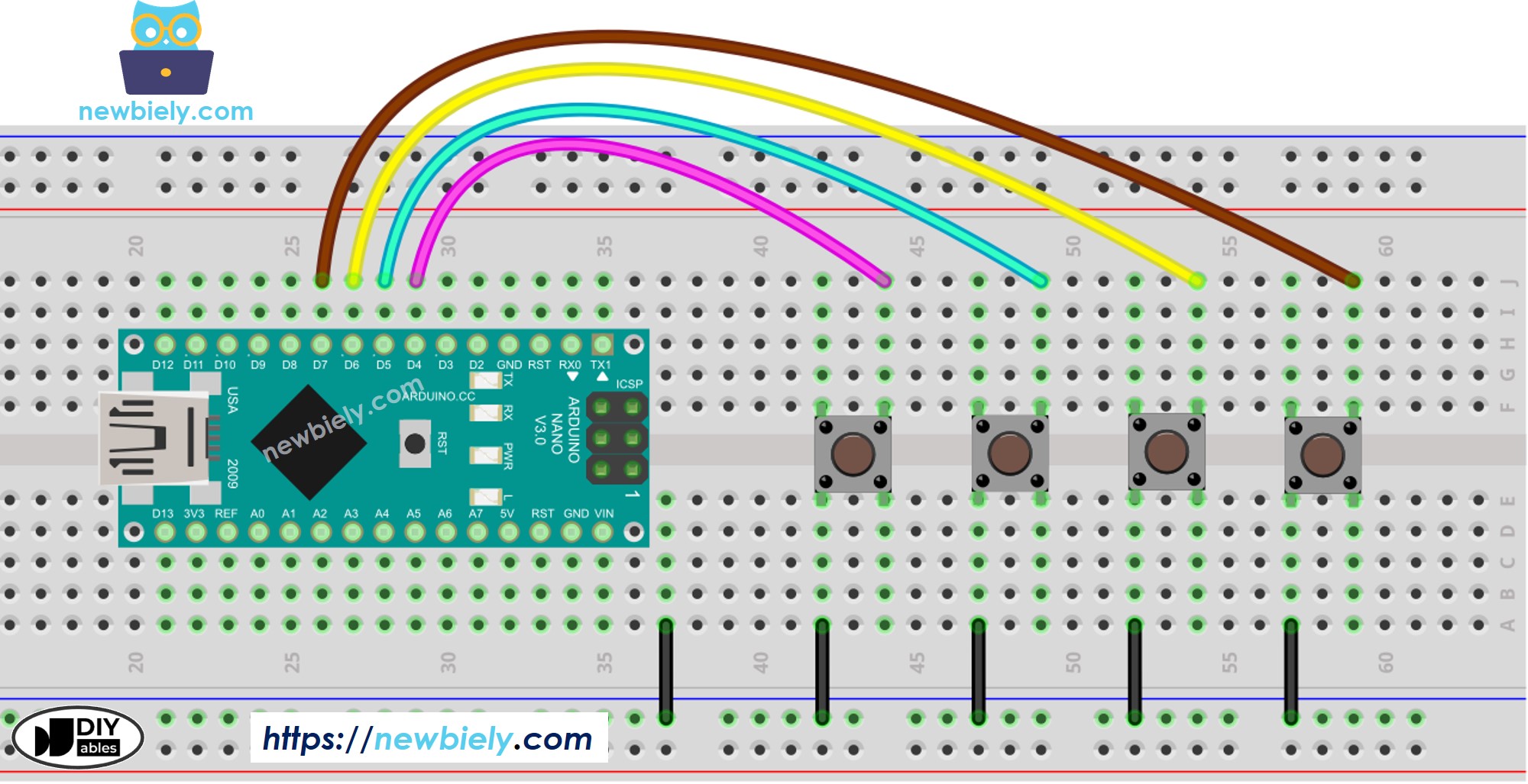 Diagrama de cableado de Arduino Nano con múltiples botones