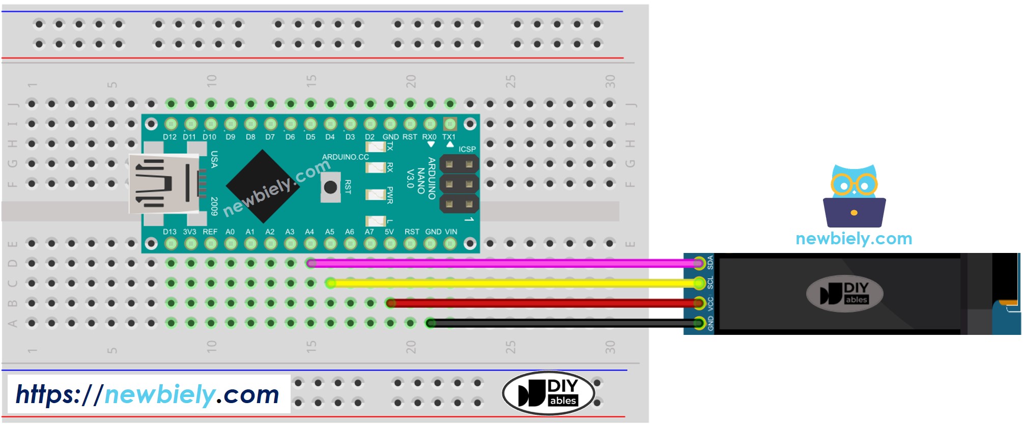 Diagrama de cableado del Arduino Nano OLED 128x32