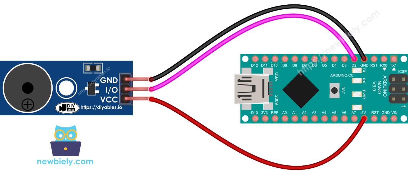 Diagrama de cableado del módulo de zumbador piezoeléctrico para Arduino Nano