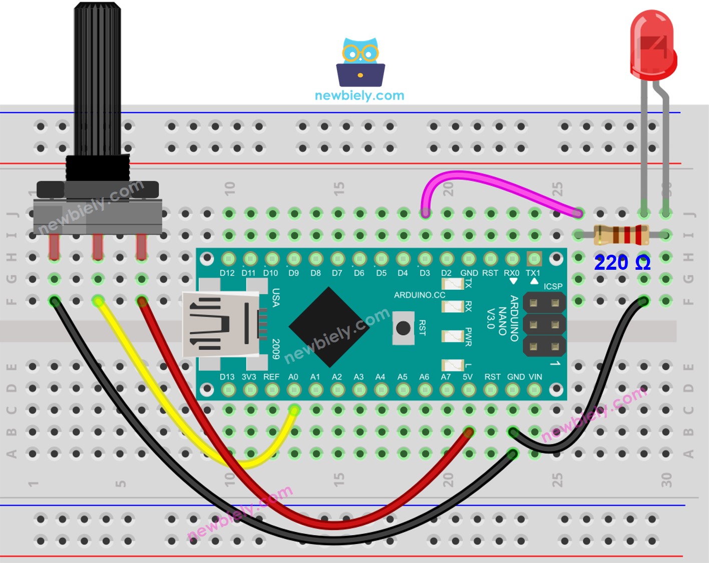 Diagrama de cableado de LED con potenciómetro giratorio para Arduino Nano