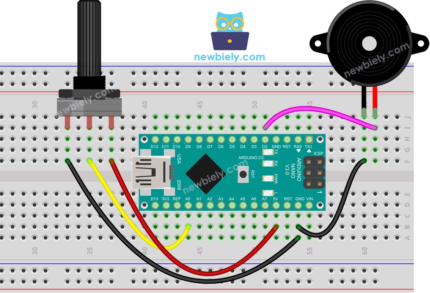 Diagrama de cableado de Arduino Nano, potenciómetro y zumbador piezoeléctrico
