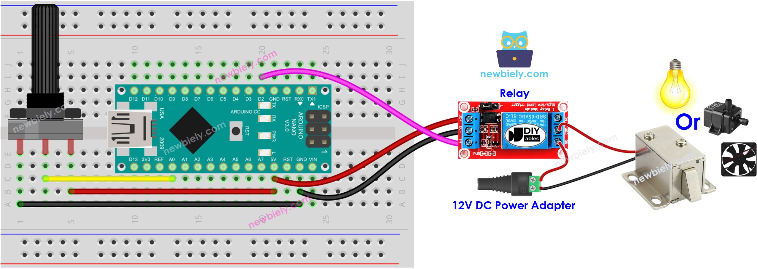 Diagrama de cableado de Arduino Nano, potenciómetro y relé