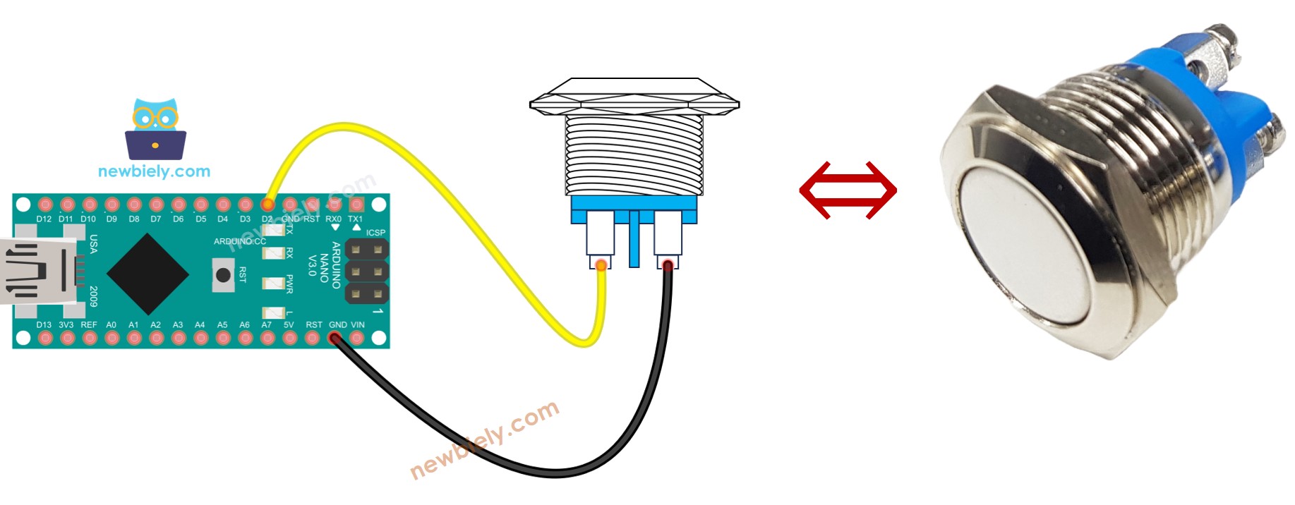 Diagrama de cableado de Arduino Nano con pulsador de dos pines.