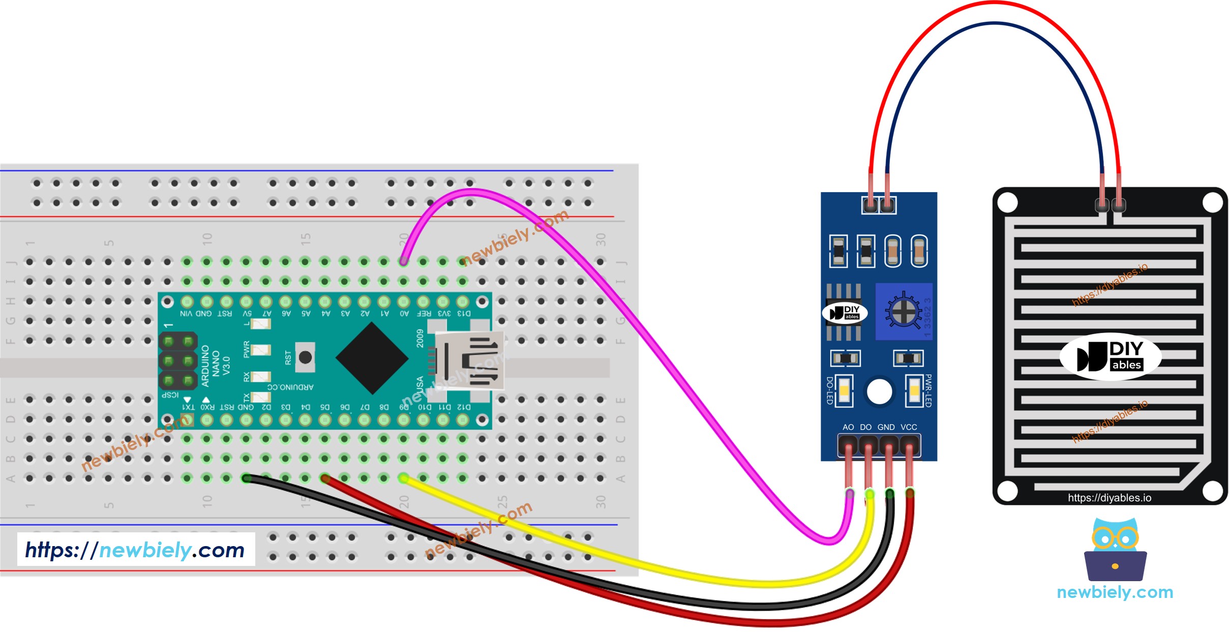 Diagrama de cableado del detector de lluvia para Arduino Nano