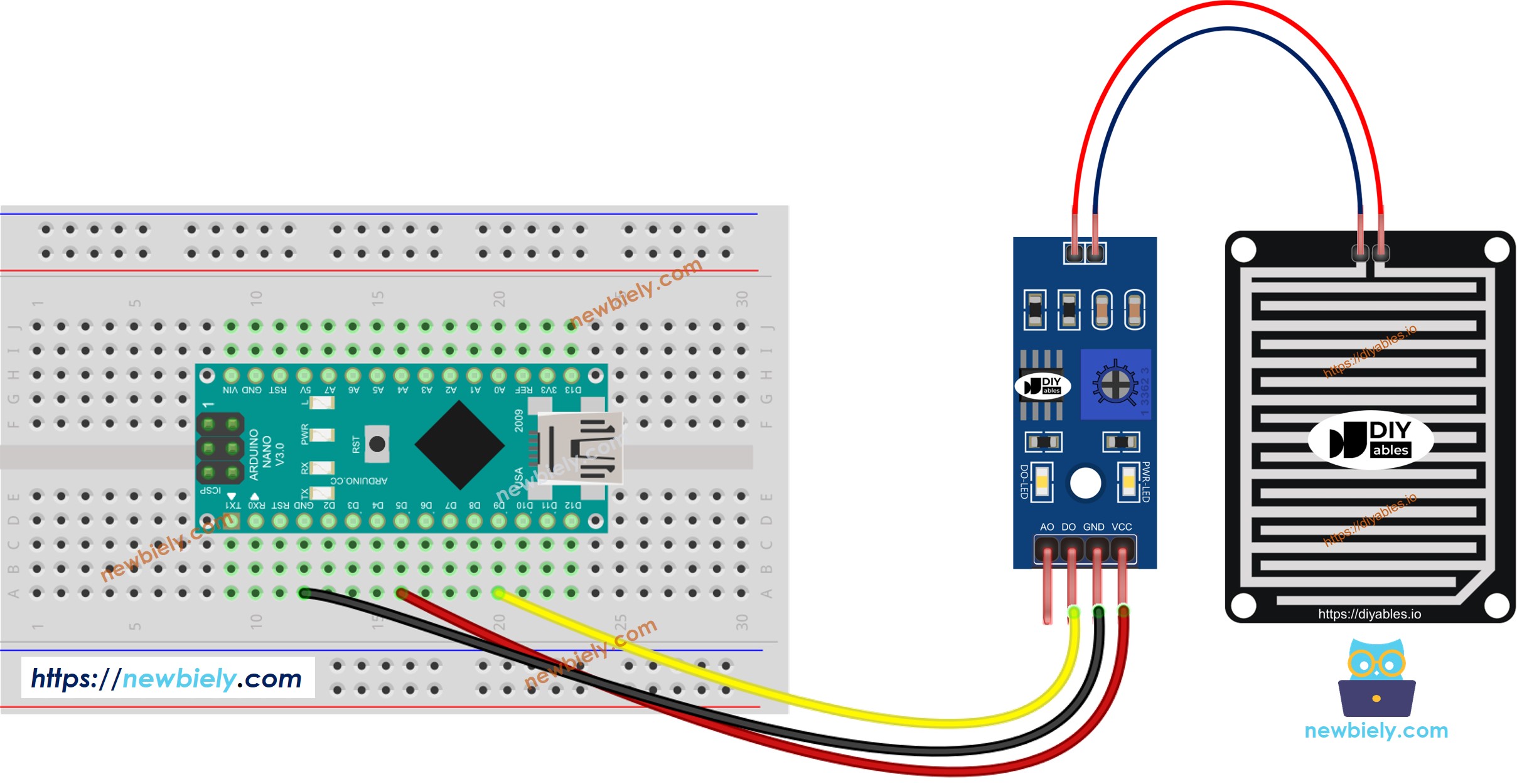 Diagrama de cableado del sensor de lluvia para Arduino Nano
