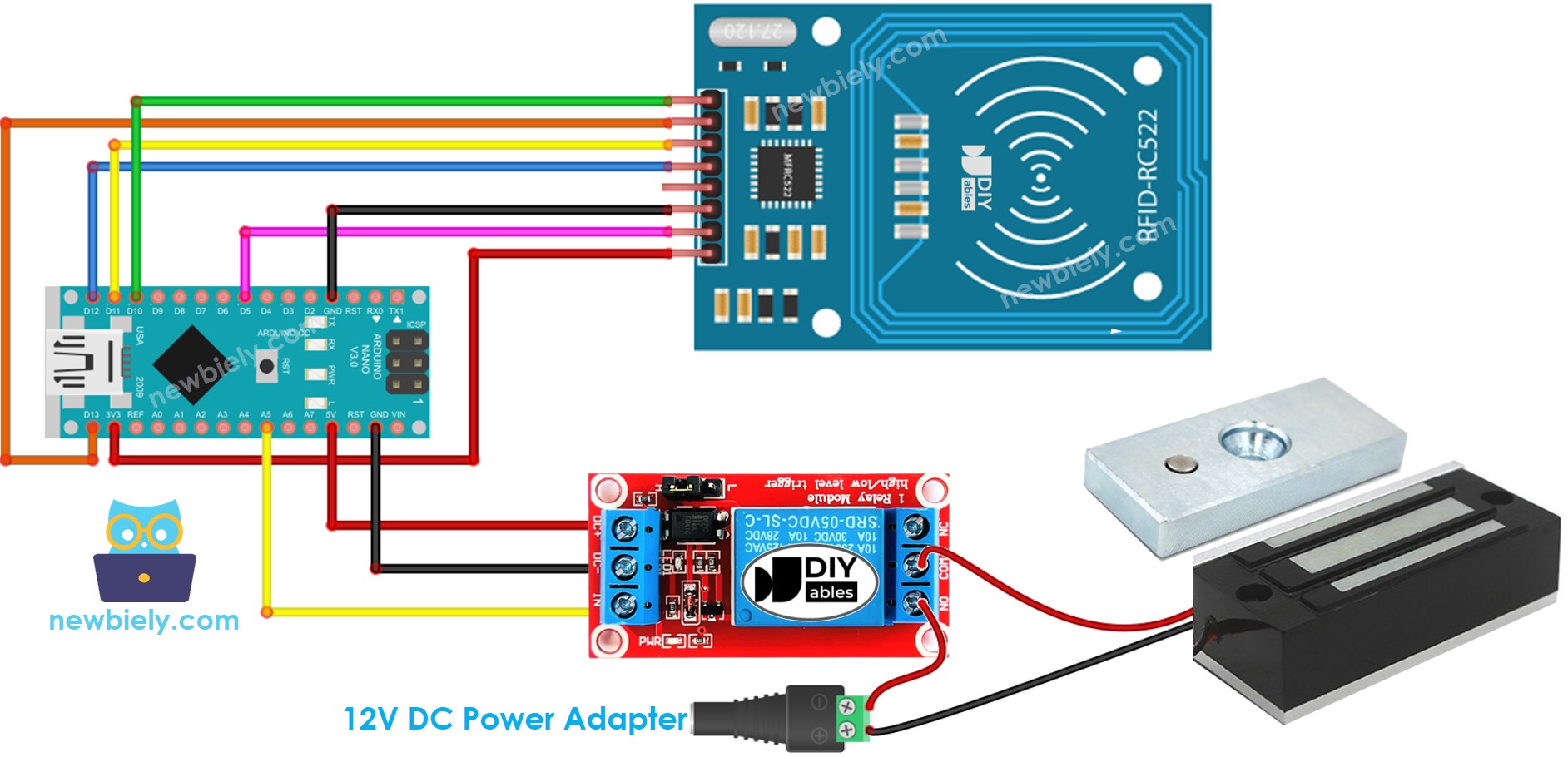 Diagrama de cableado del sistema de cerradura electromagnética para puerta con Arduino Nano y RFID RC522