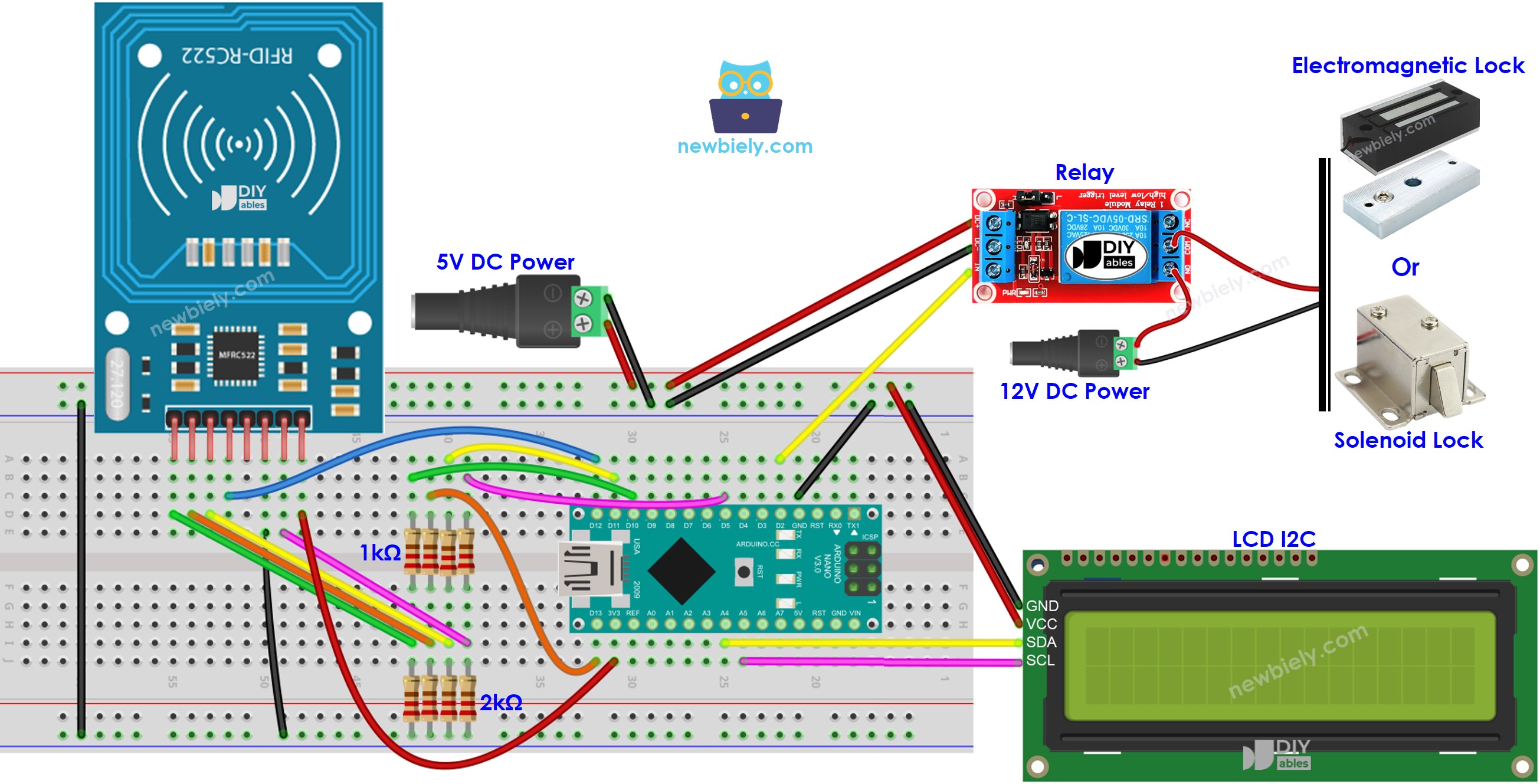 Diagrama de cableado LCD para la cerradura de la puerta con Arduino Nano RFID RC522
