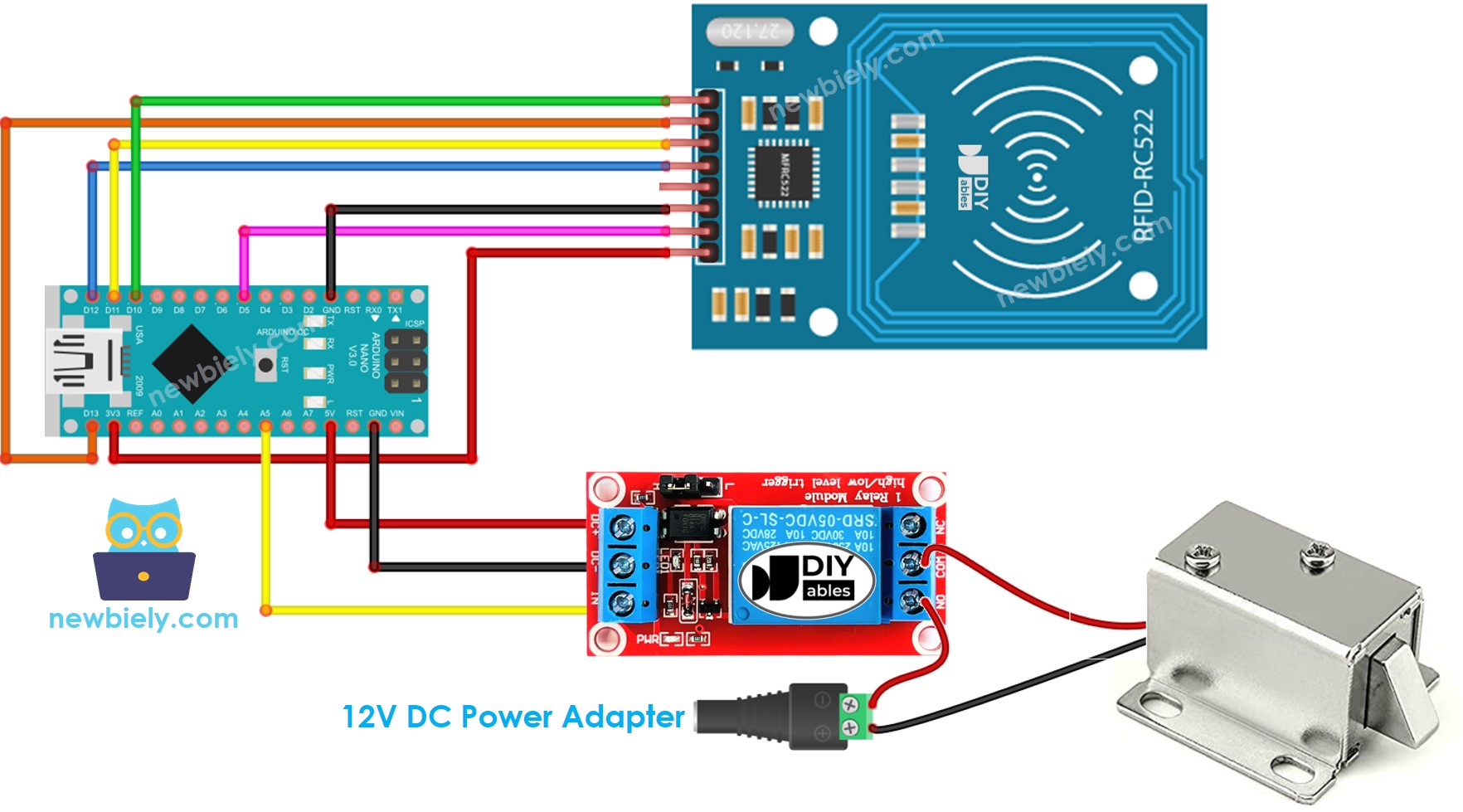 Diagrama de cableado del sistema de cerradura de solenoide para puerta con Arduino Nano y RFID RC522