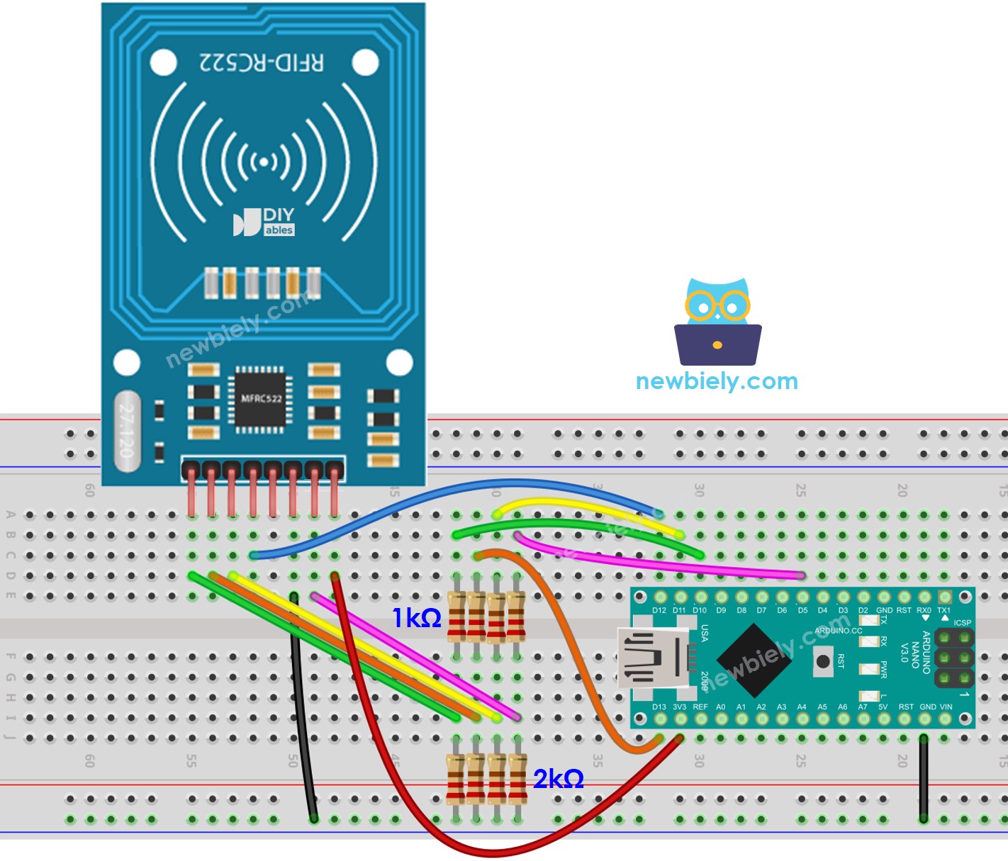 Arduino Nano RFID RC522 con diagrama de cableado con regulación de voltaje