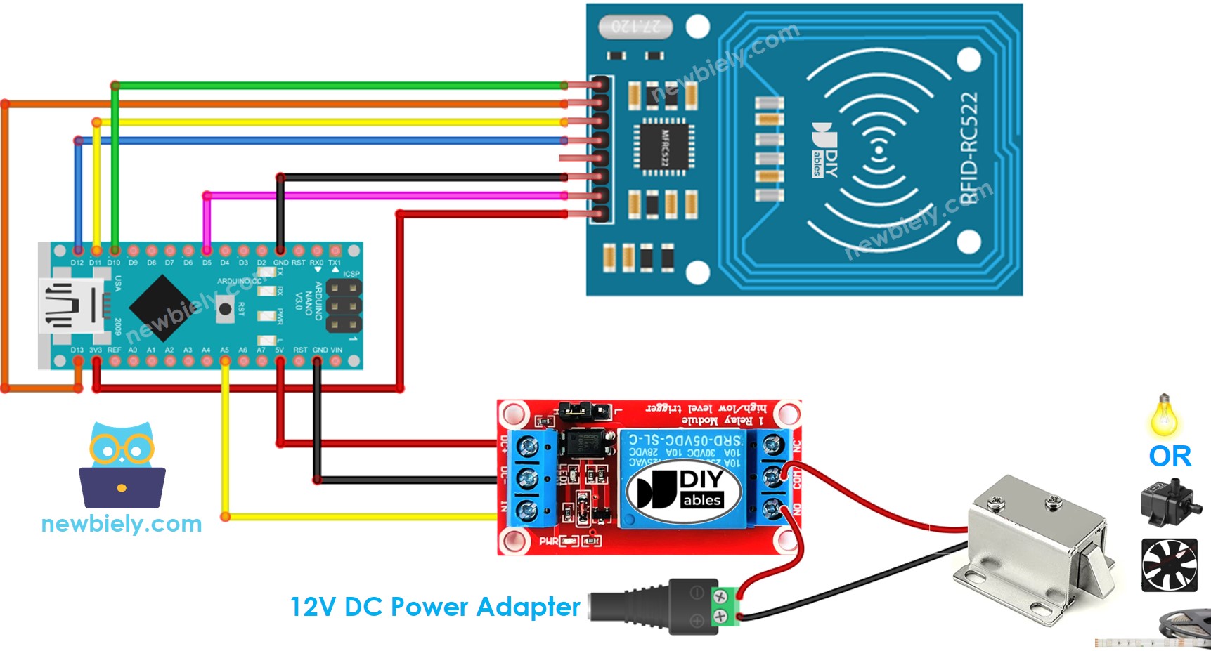 Diagrama de cableado del relé para Arduino Nano y RC522 RFID