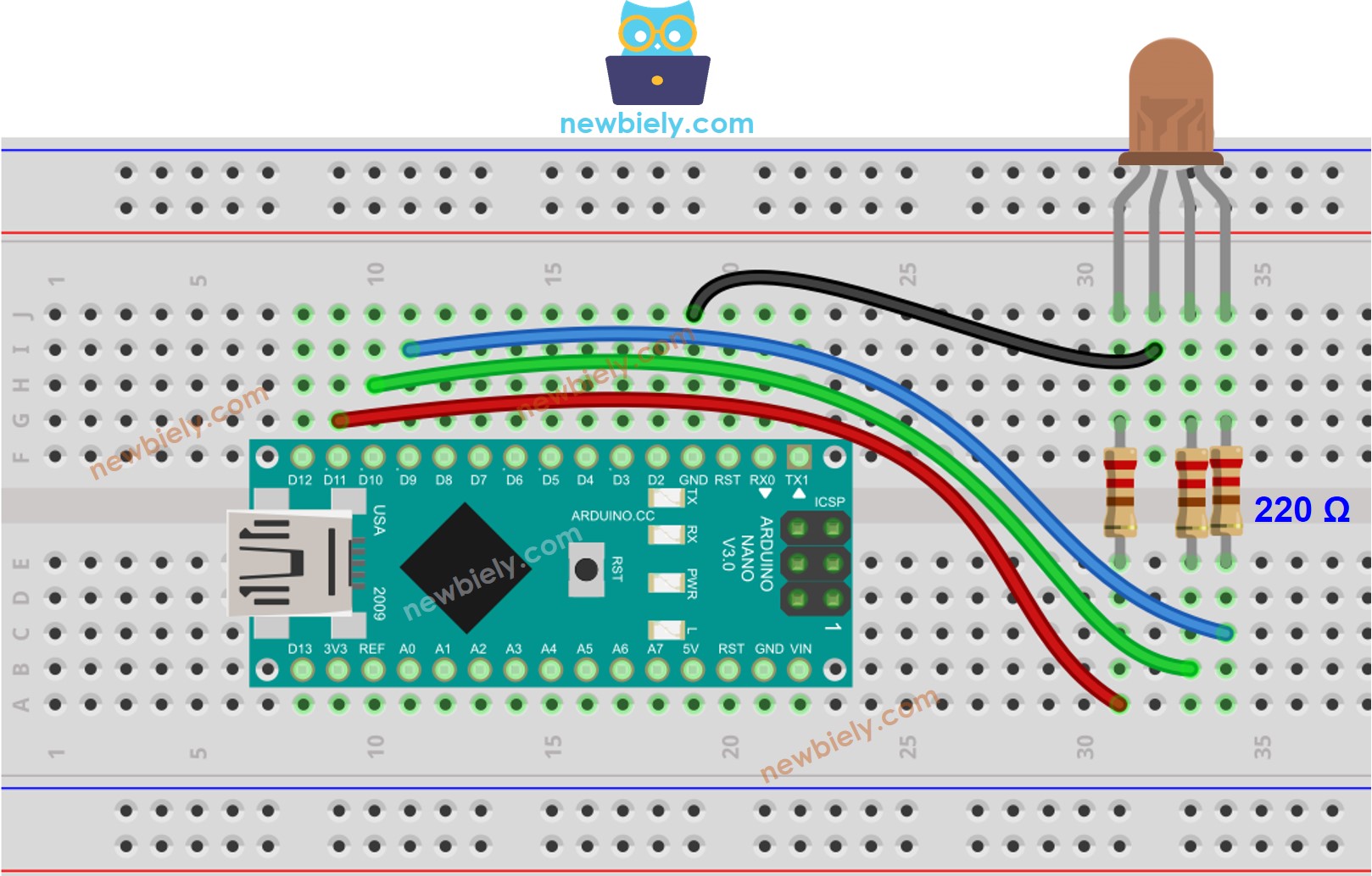 Diagrama de cableado de LED RGB para Arduino Nano