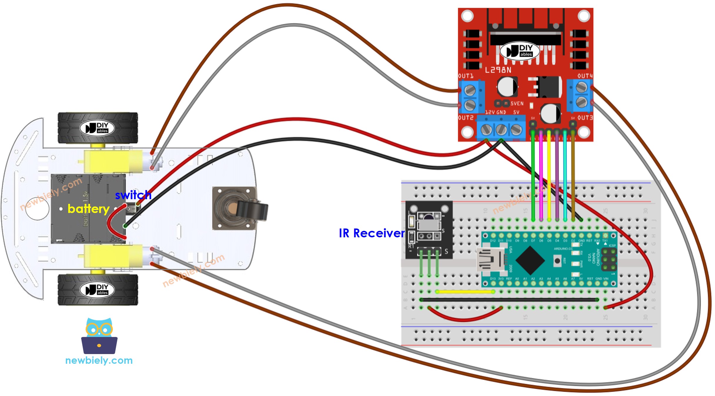 Diagrama de cableado de un coche 2WD con Arduino Nano