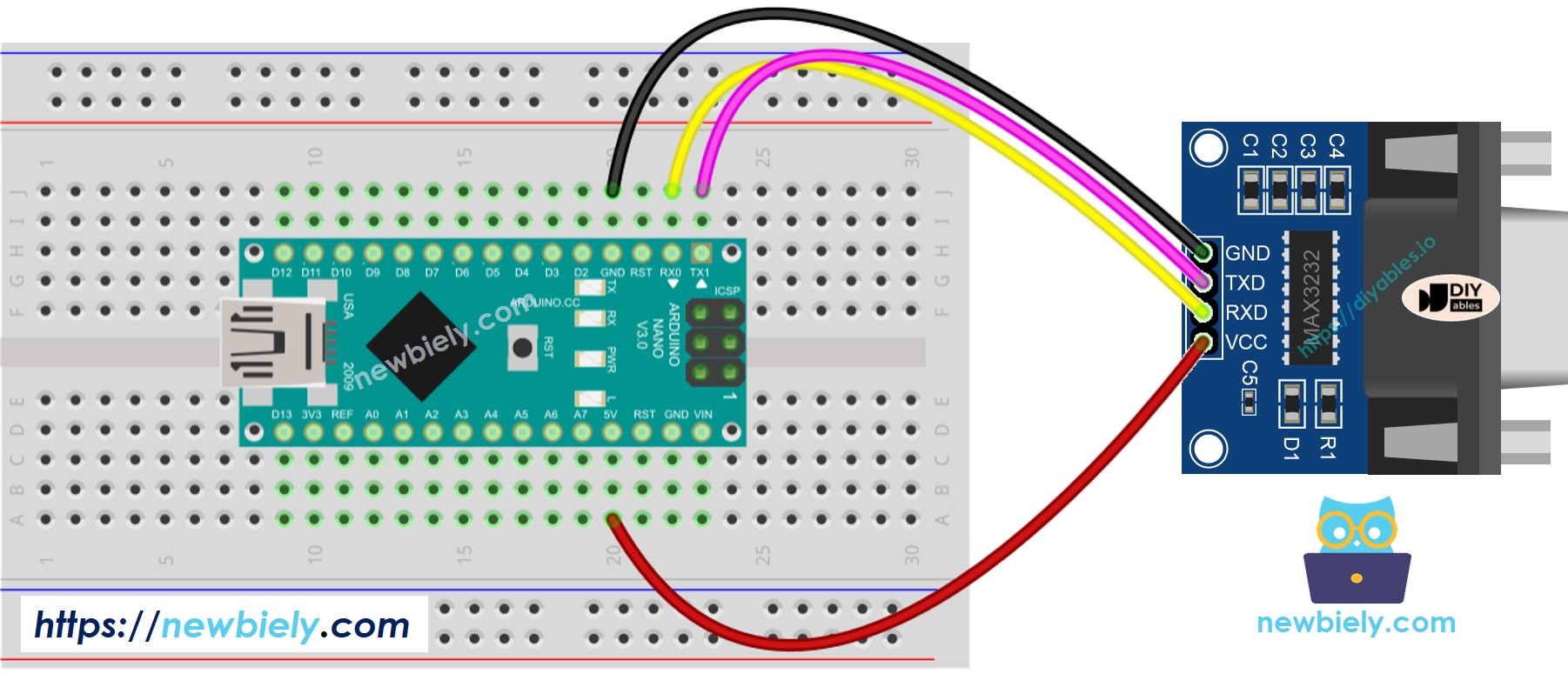 Diagrama de cableado de Arduino Nano TTL a RS232