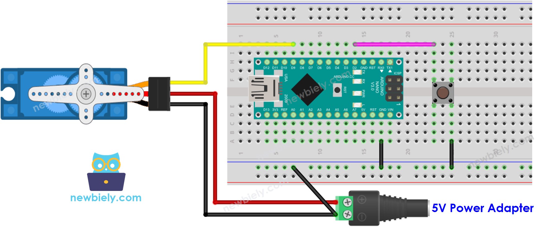 Diagrama de cableado de Arduino Nano, servomotor y botón.