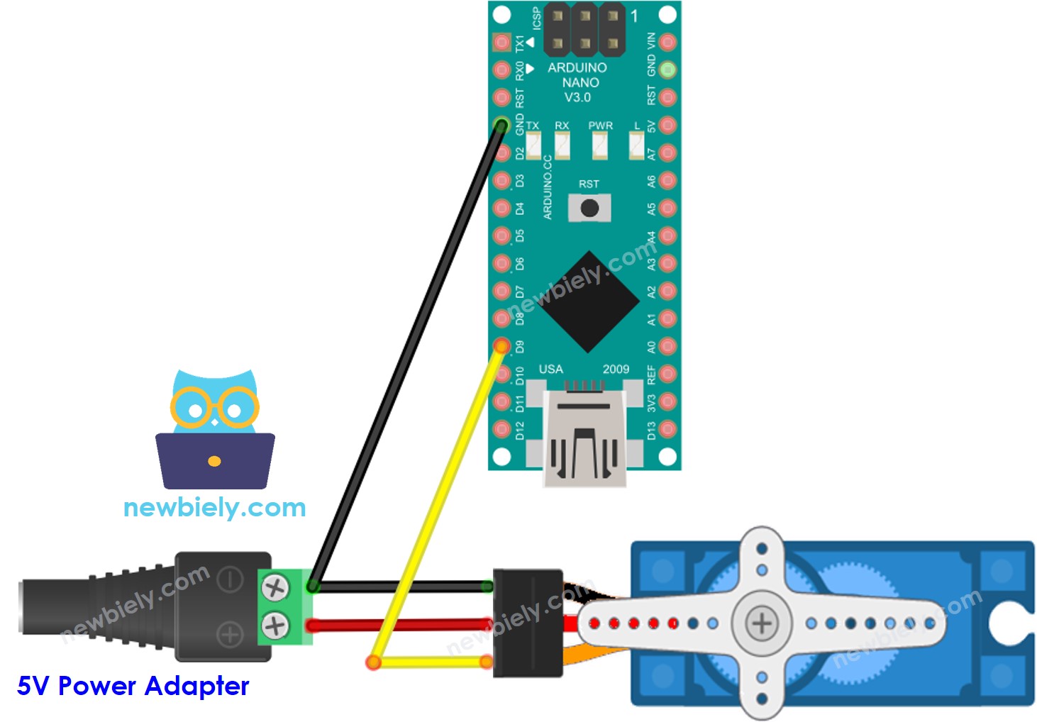 Esquema de cableado de la fuente de alimentación externa para el motor servo de Arduino Nano.