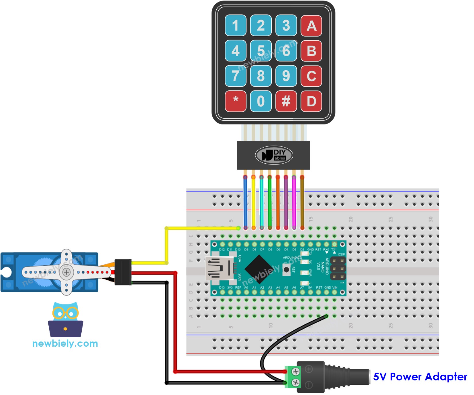 Diagrama de cableado de Arduino Nano para teclado numérico y motor servo