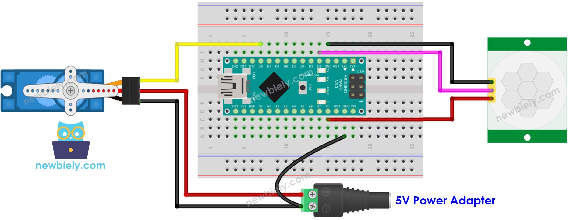 Esquema de cableado del Arduino Nano, sensor de movimiento y servomotor.