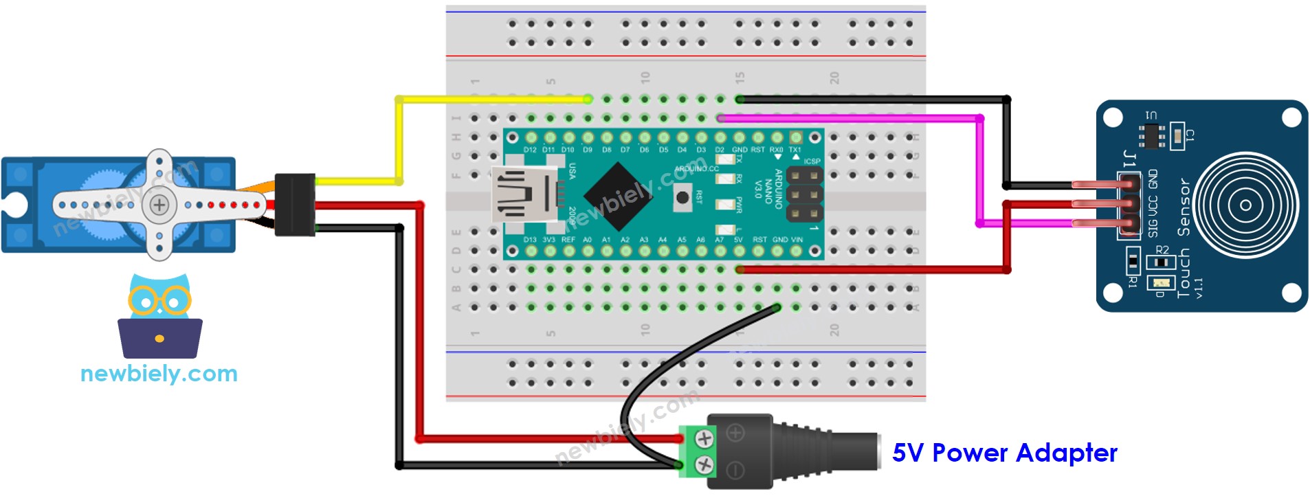Diagrama de cableado para Arduino Nano, sensor táctil y servomotor.