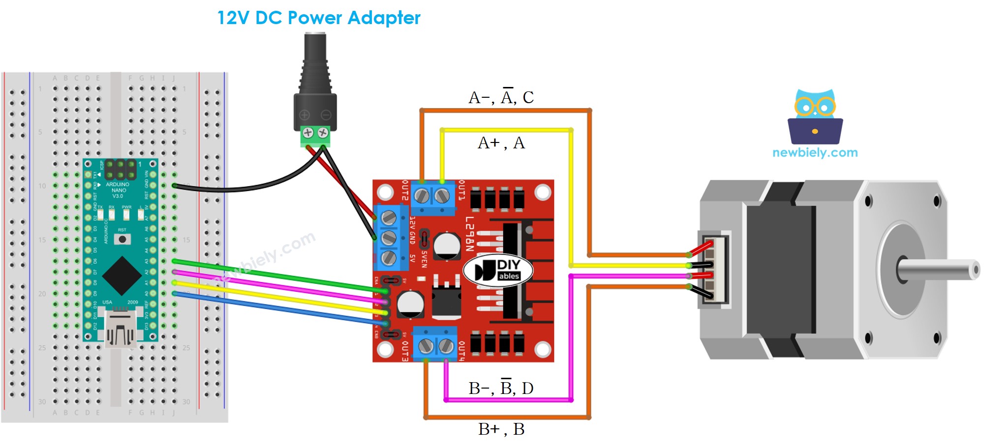 Diagrama de cableado de Arduino Nano para motor paso a paso con controlador L298N