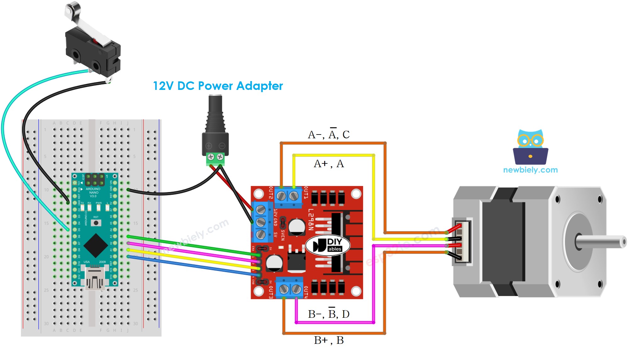 Diagrama de cableado de Arduino Nano para motor paso a paso e interruptor de fin de recorrido