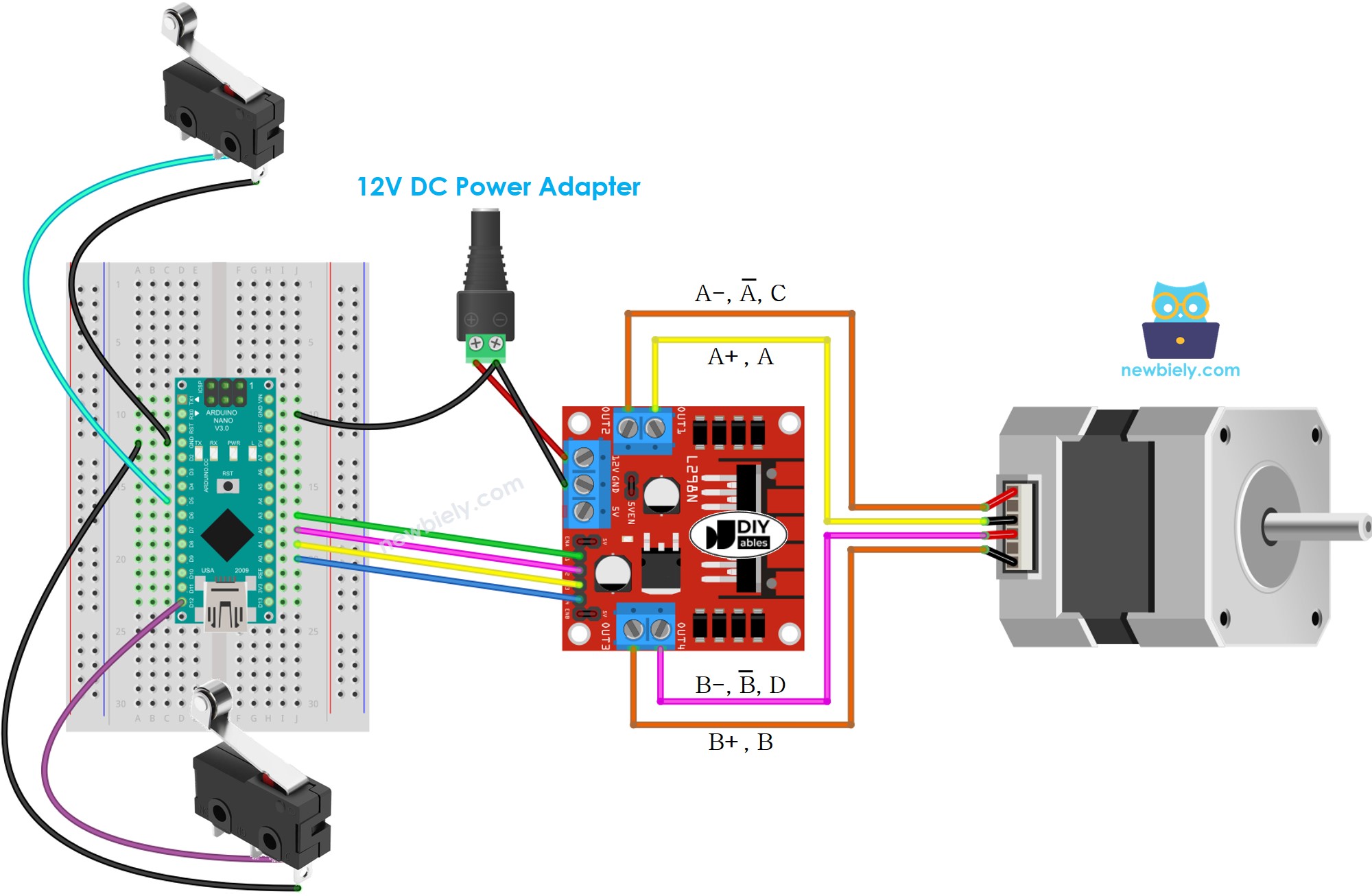 Diagrama de cableado de Arduino Nano, motor paso a paso y dos interruptores de fin de carrera