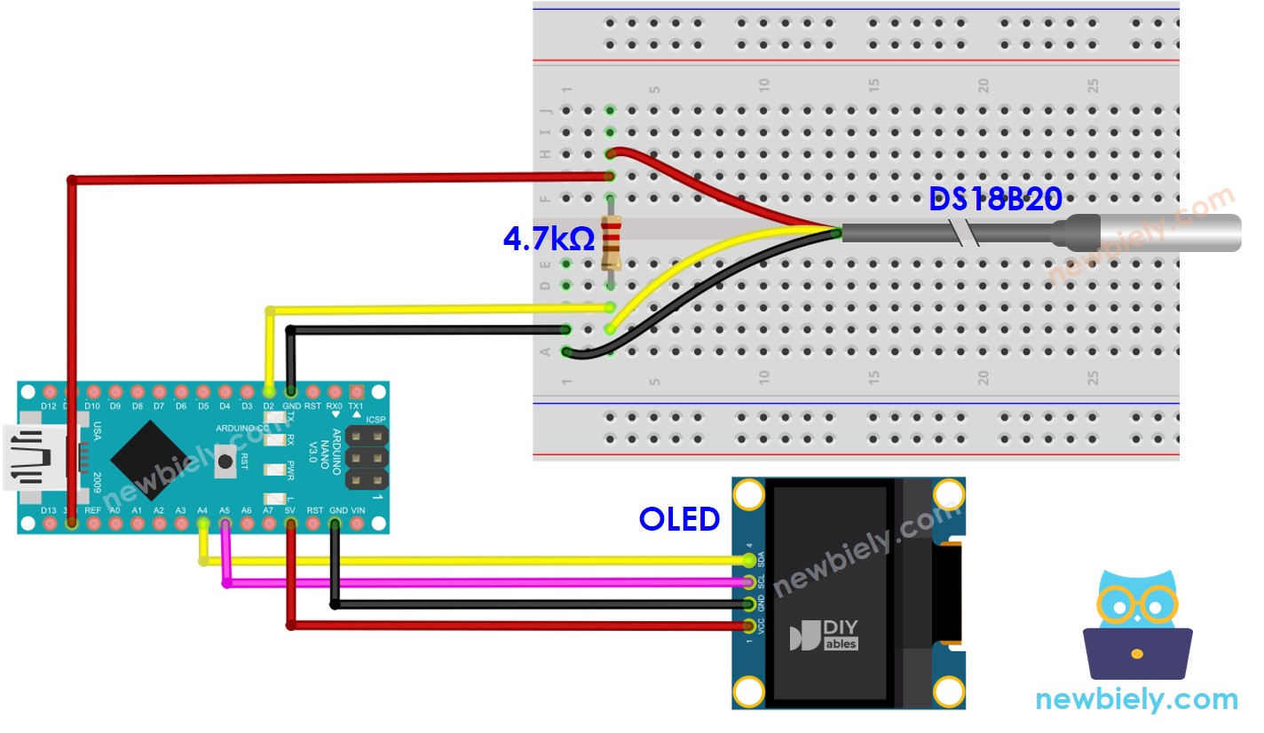 Diagrama de cableado de Arduino Nano con sensor de temperatura y OLED