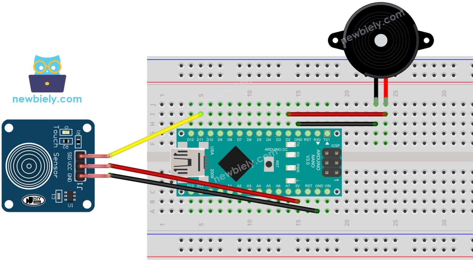 Diagrama de cableado de Arduino Nano, sensor táctil y zumbador piezoeléctrico