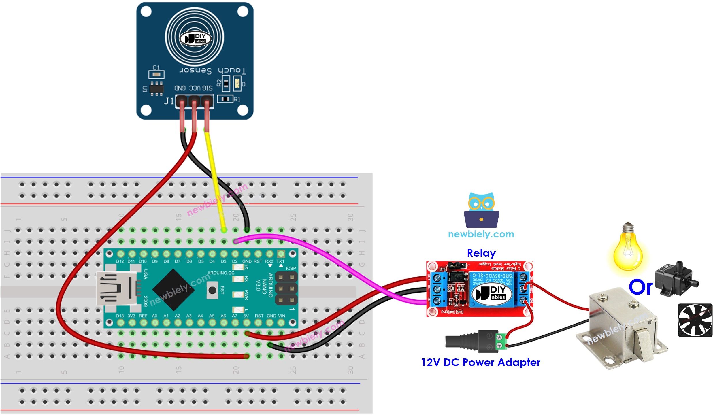 Diagrama de cableado del relé con sensor táctil para Arduino Nano