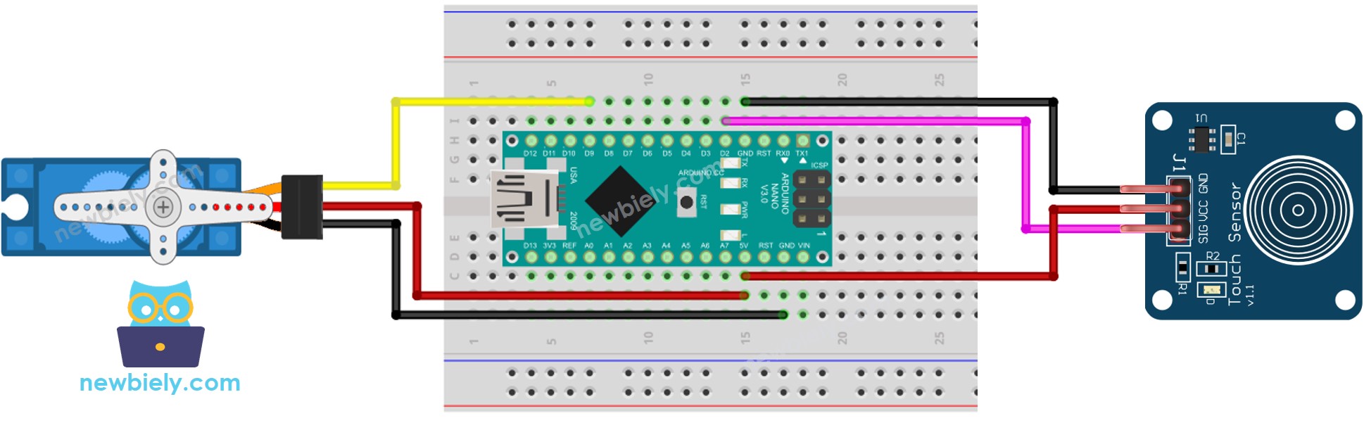Diagrama de cableado para Arduino Nano, sensor táctil y servomotor