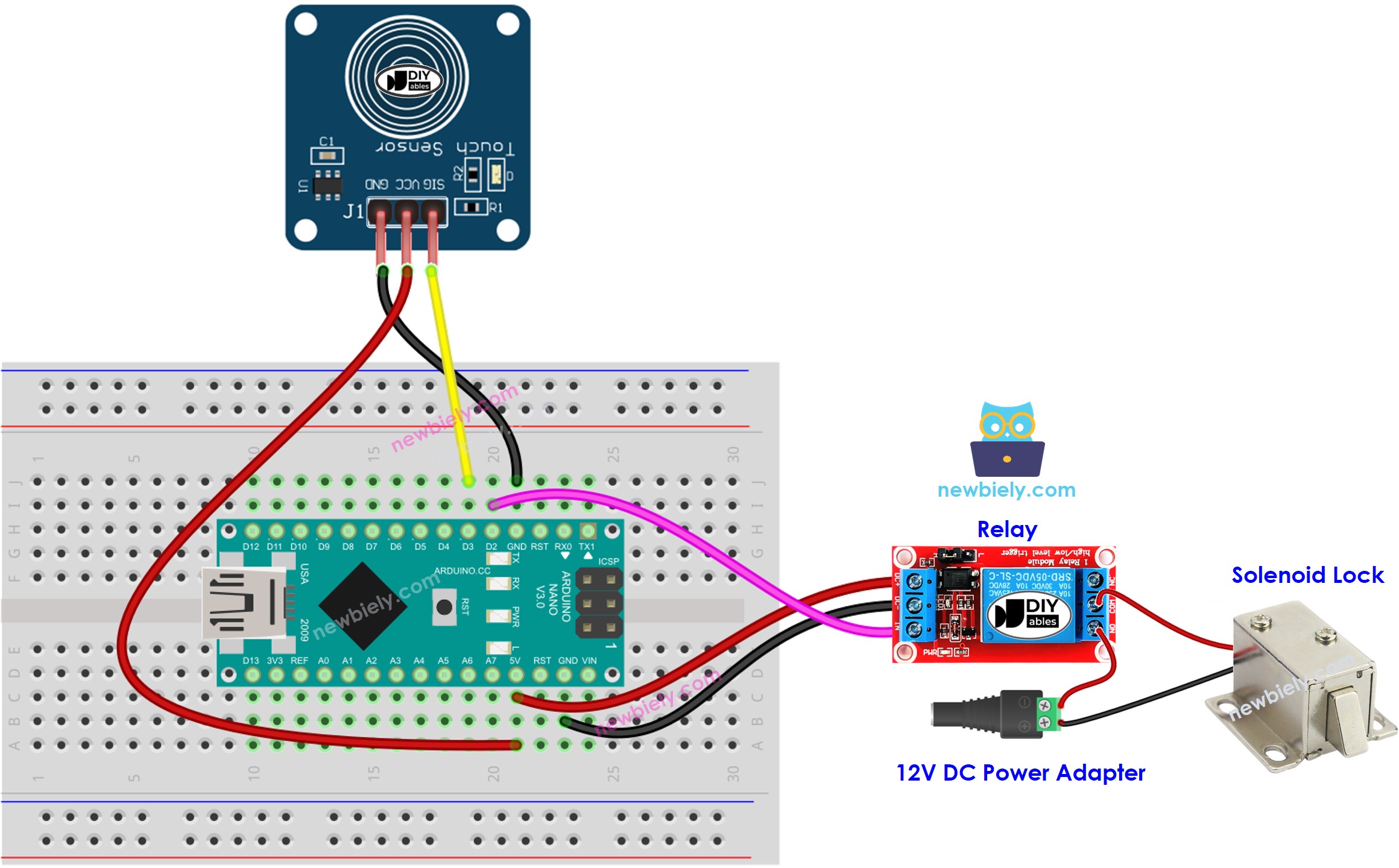 Diagrama de cableado del Arduino Nano para sensor táctil y cerradura de solenoide