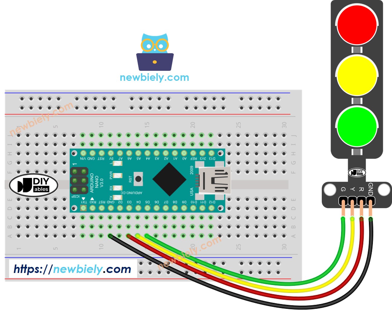 Diagrama de cableado de semáforo para Arduino Nano