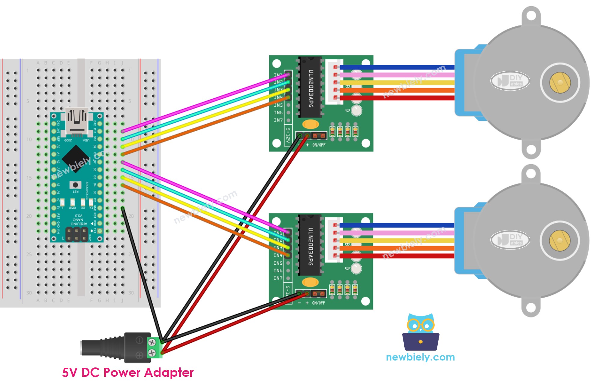 Diagrama de cableado para Arduino Nano y controlador ULN2003 de dos motores paso a paso