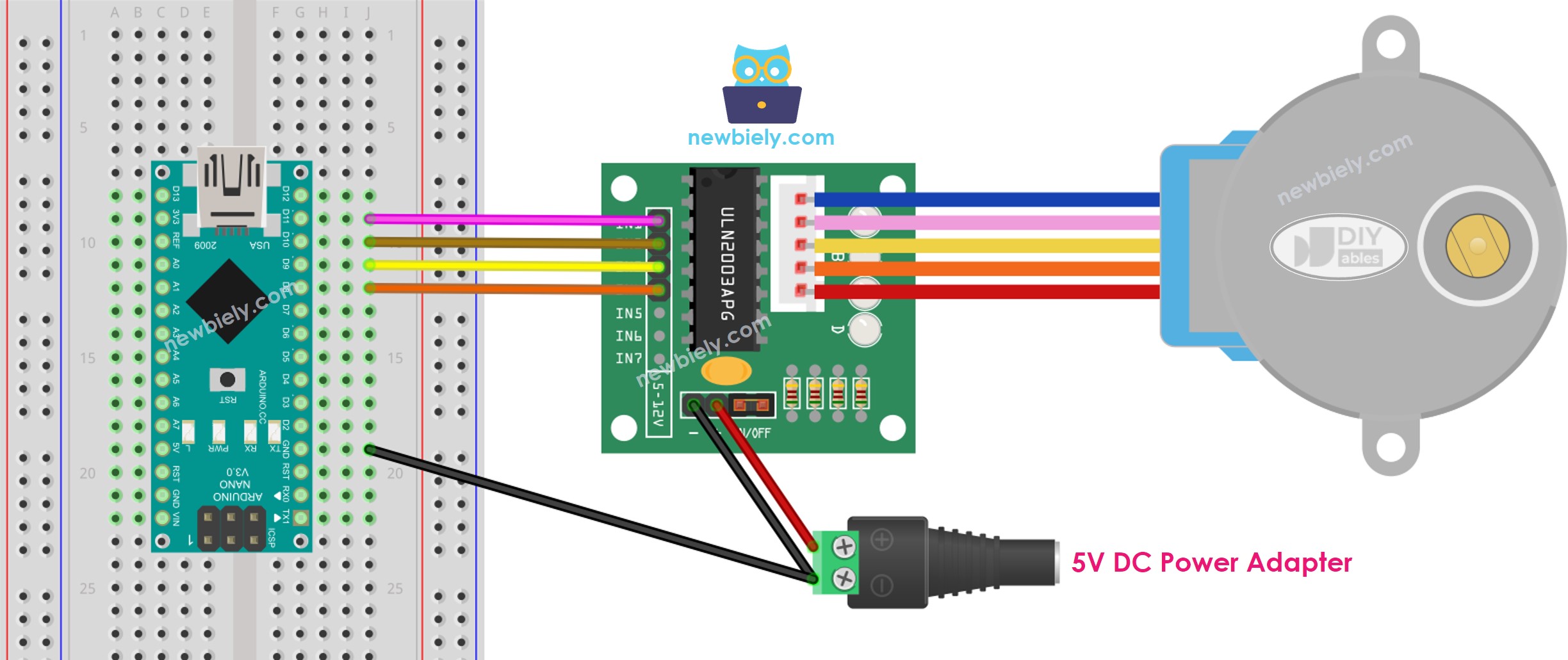 Diagrama de cableado de Arduino Nano para motor paso a paso con controlador ULN2003