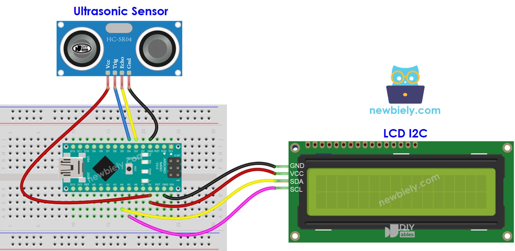 Diagrama de cableado de Arduino Nano, sensor ultrasónico y LCD