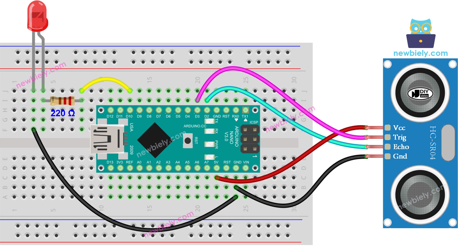 Diagrama de cableado del LED y del sensor ultrasónico de Arduino Nano